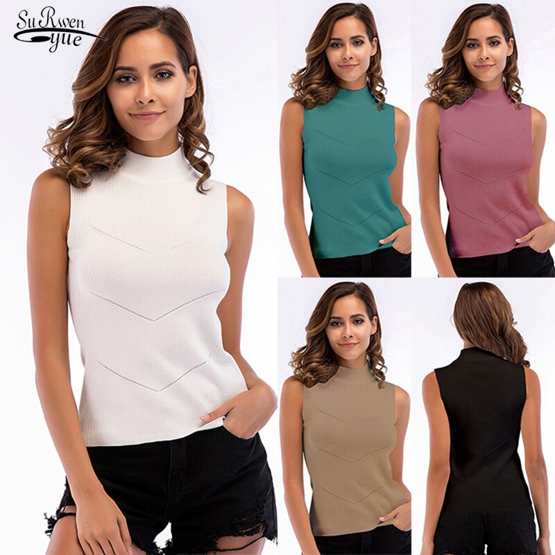 Women Round Collar Knitwear Top Turtleneck Sleeveless T-shirt Slim Knitted Vest Female Tee Sweater Vest 2023 Summer Vest 20401