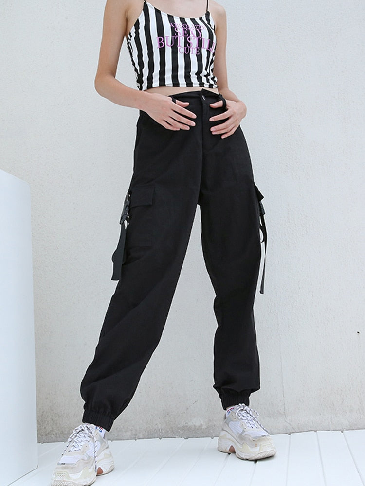 HEYounGIRL Streetwear Khaki Cargo Pants Women Capri Casual High Waist Trousers Black Harajuku Womens Pants Parchwork with Buckle