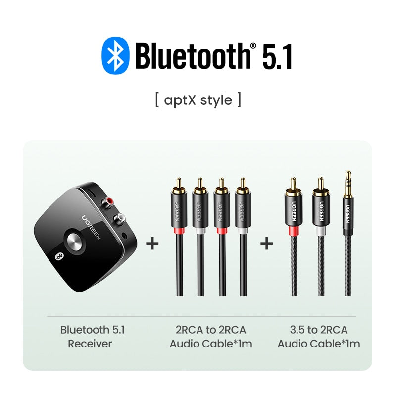 UGREEN Bluetooth RCA Receptor 5.1 aptX HD 3.5mm Jack Aux Adaptador inalámbrico Música para TV Coche 2RCA Bluetooth 5.0 Receptor de audio