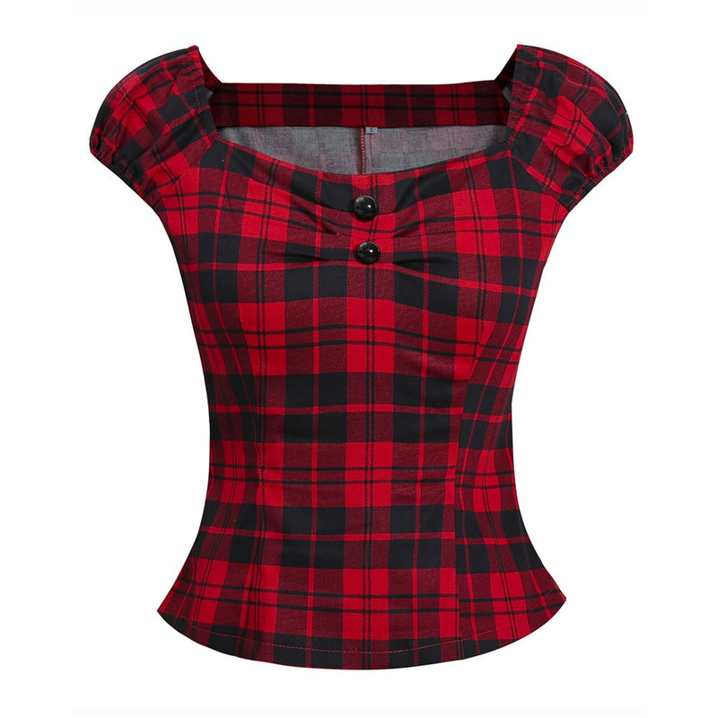 Verano Mujer Vintage 50s Pinup Campesino Camisas Gingham Inspirado Couture Checkered Red 2022 Tops Retro Rockabilly Blusas