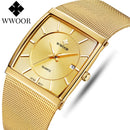 Reloj de oro de lujo WWOOR para hombre, reloj cuadrado de cuarzo japonés, malla de acero delgada, resistente al agua, deportivo, automático, relojes de pulsera con fecha, reloj Masculino