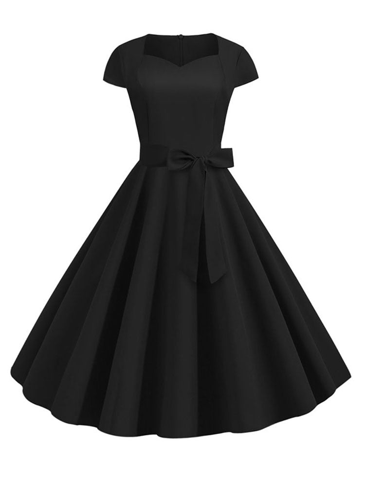 Verano Mujer Vintage vestido 50S 60S manga corta Casual elegante Retro Oficina fiesta Midi vestido bata mujer sólido Vestidos