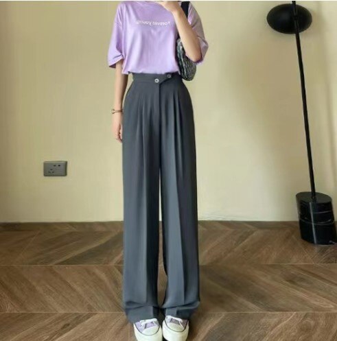 Fashion Summer Thin Solid Color Drape Mop Pants Femme All-match Patchwork Two Buttons Higt Waist Pleated Casual Loose Trousers