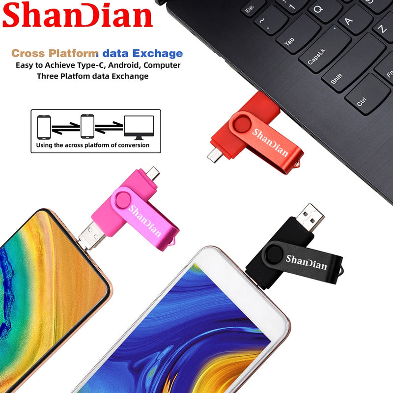 SHANDIAN Multifunction USB flash drive OTG High speed  USB drive 64GB 32GB Pen drive 3in1 Micro USB 2.0 Free TYPE-C adapter gift