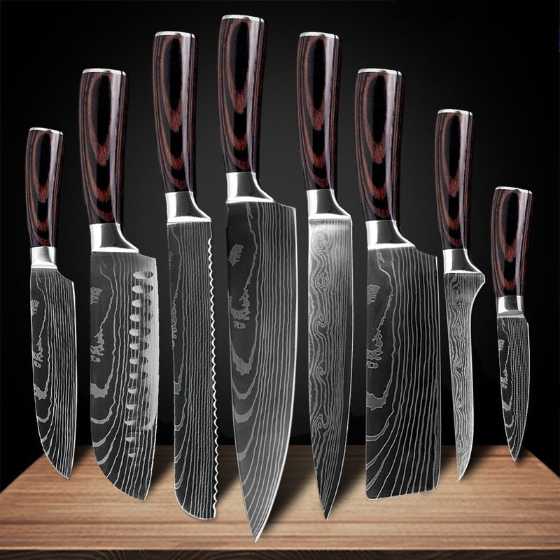 Japanese Kitchen Knife Set Laser Damascus Pattern Stainless Steel  Sharp Cleaver Slicing Utility Knives Kitchen Tools