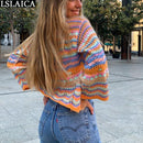 Cardigan Top Women Long Sleeve Single Button Decorated Slim Rainbow Striped Patchwork Women&