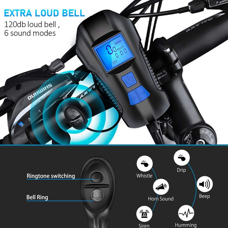 Bicycle Light USB Rechargeable Bike Odometer Front Light Flashlight with Computer LCD Speedometer Cycling Head Lantern Horn