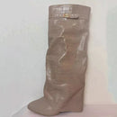 Ins Hot Spring Winter Great Quality Crocodile Print Upper Shoes Booty Knee High Pointy Toe Over-lay Side Zip Women Boots 43