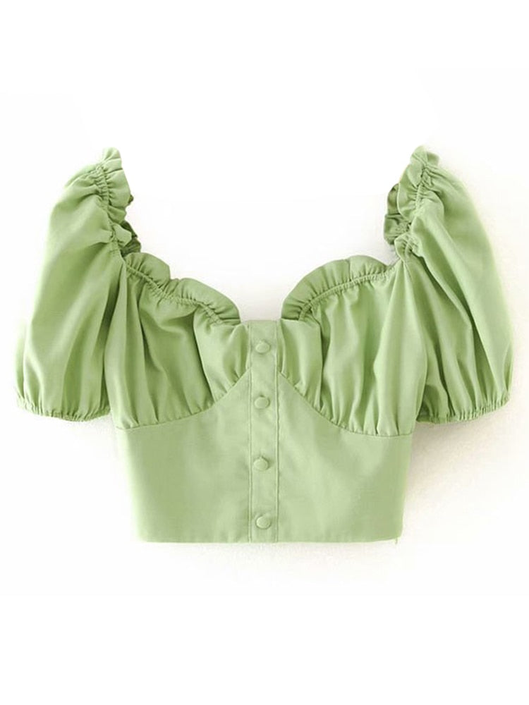 Aachoae, Blusas recortadas de lino y algodón, blusas verdes de manga corta con volantes elegantes para mujer, blusa informal lisa con cuello en V dulce, Blusas