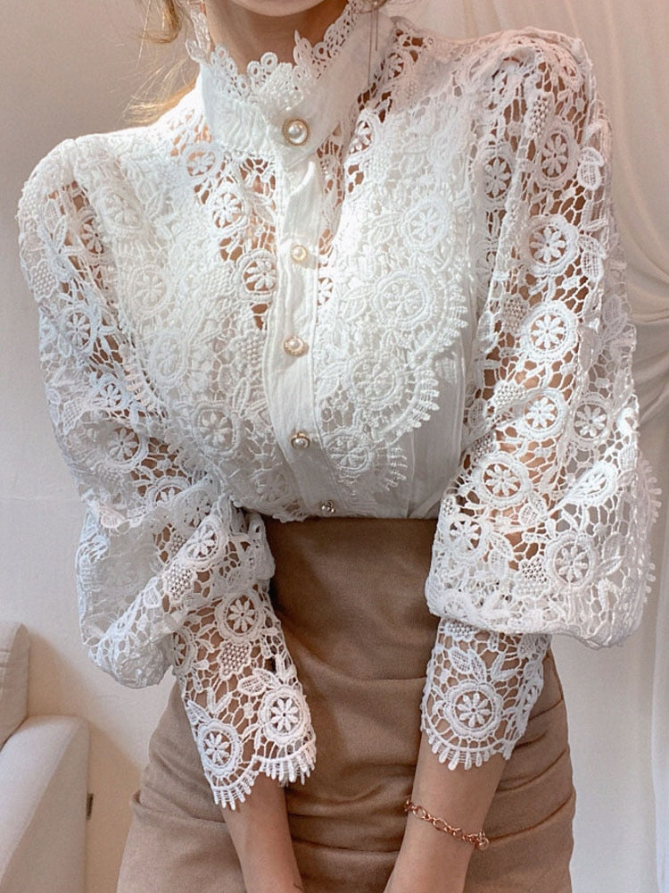 Petal Sleeve Stand Collar Hollow Out Flower Lace Patchwork Shirt Femme Blusas All-match Women Lace Blouse Button White Top 12419