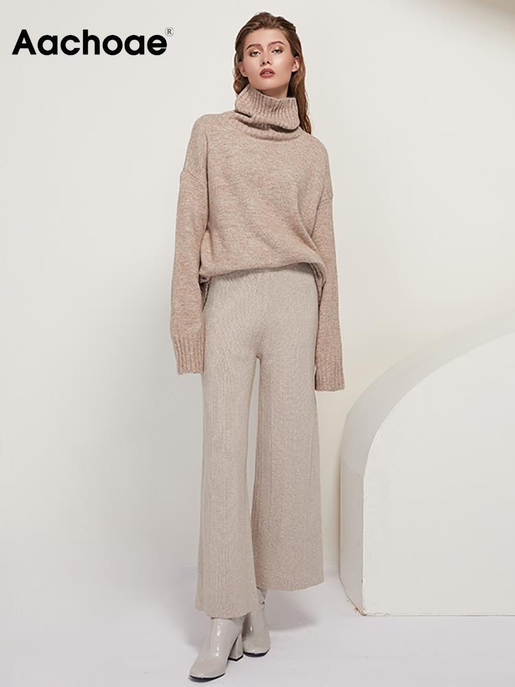 Aachoae Elegant Solid Knitted Two Piece Set Women Turtleneck Batwing Long Sleeve Loose Sweater Full Length Casual Wide Leg Pants