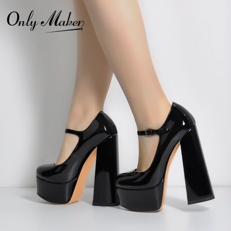 Onlymaker, zapatos de tacón para mujer, plataforma Mary-Jane, negro, rosa, grueso, 16CM, tacones altos, vestido con correa en el tobillo, zapatos de fiesta con tacón de pezuña, zapatos de talla grande