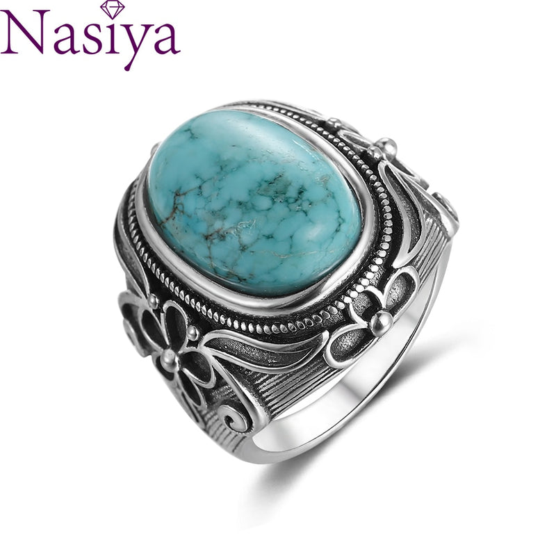 Natural Turquoise Ring Lady Silver Jewelry Retro Party Ring 11X17MM Large Ellipse Gem Gift Wholesale