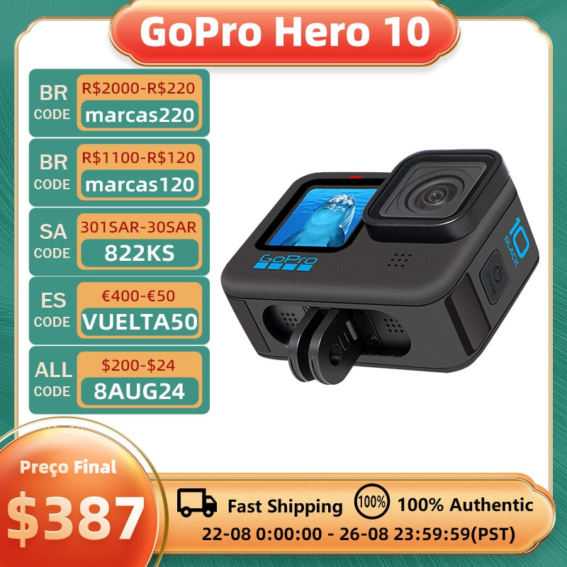 GoPro HERO 10 Black Underwater Action Camera 4K 5.3K60 Video, Helmet Sports Cam 23MP Photos, 1080p Live Streaming Go Pro HERO10