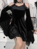 InsGoth Goth Sexy Flare manga vestido negro Y2K Harajuku alta cintura una línea Mini vestidos fuera del hombro Punk Halloween otoño vestido