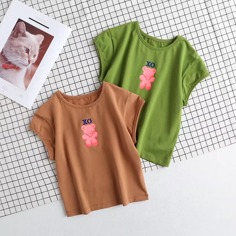 Women Bear Print Crop Tee Short Sleeve Slim Fit T-shirt