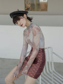 CHEERART Sheer T Shirt Women Turtle Neck Mesh Top Painting Print Long Sleeve Tee Shirt Femme Body Tight Underwear Fall Clothes