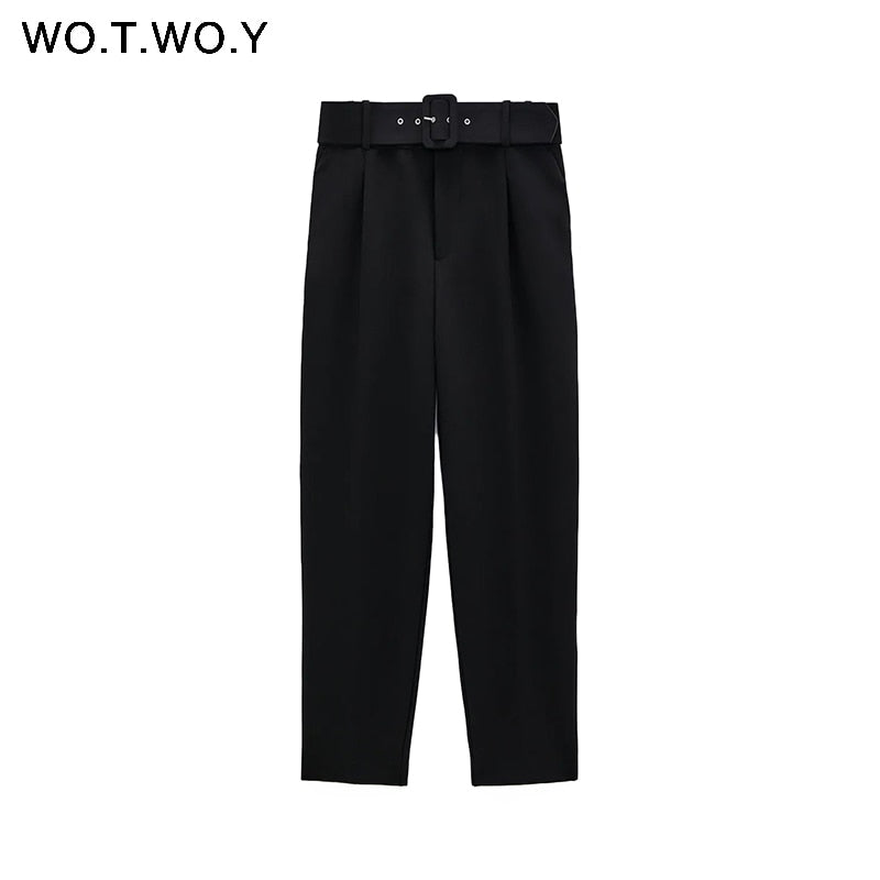WOTWOY Elegant Formal High Waist Pants Women Skinny Office Lady Pencil Pants Women Pockets Sashes Ankle-Length Trousers Women