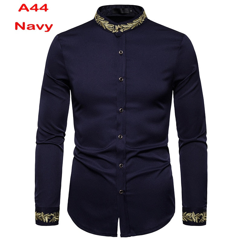 Camisas de vestir azul real para hombre, camisa de cuello mandarín con bandas de marca 2022, camisa informal de manga larga con botones y bolsillo 2XL para hombre