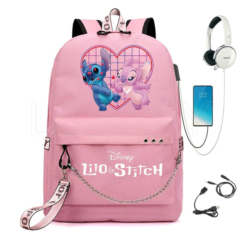 Disney Kawaii Stitch Bag Zipper USB Charging Mochila Capacity Backpack Women Kpop School Bags for Teenage Girls Students