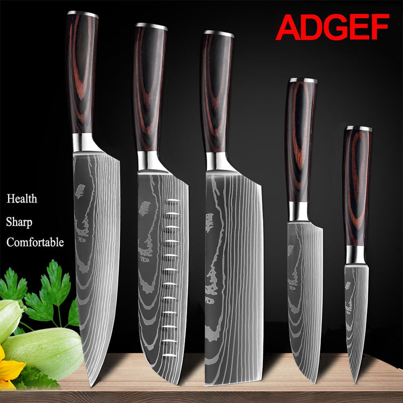 Japanese Kitchen Knife Set Laser Damascus Pattern Stainless Steel  Sharp Cleaver Slicing Utility Knives Kitchen Tools