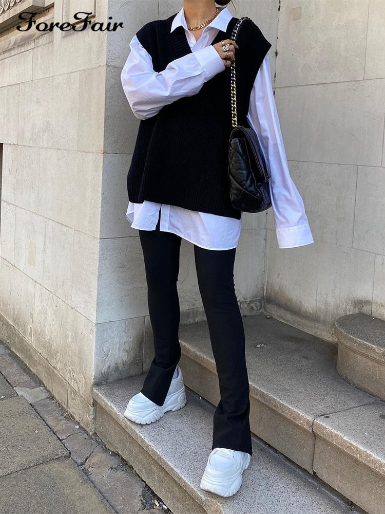 Forefair V Neck Sleeve White Knitted Autumn Winter Women Sweater Vests Casual Loose Outwear Solid Sweater Preppy Style Vests