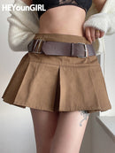 HEYounGIRL Casual Brown Pleated Mini Skirt Ladies High Waisted Short Skirts Womens with Belt Korean Fashion 90s Summer Street