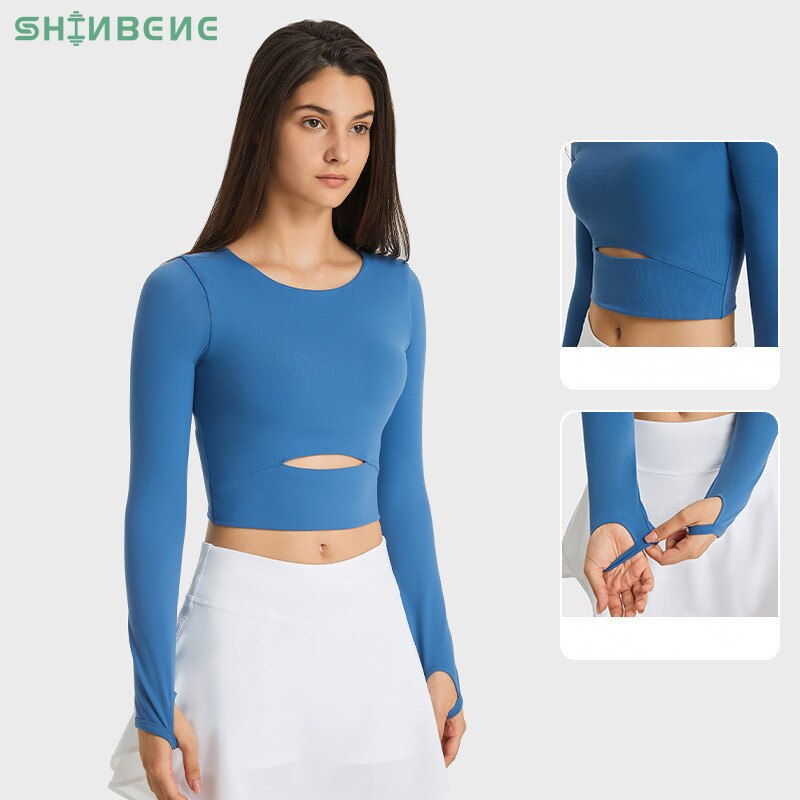 SHINBENE ARDOR Padded Gym Sport Long Sleeved Shirts Women Thicken Nylon Yoga Fitness Crop Shirts Long Sleeve with Thumb Holes