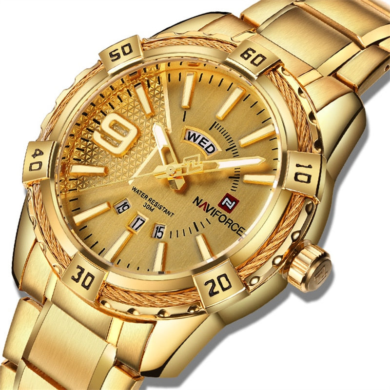 NAVIFORCE Luxusmarke Herren Sportuhr Gold Vollstahl Quarzuhren Herren Datum Wasserdicht Military Clock Man relogio masculino
