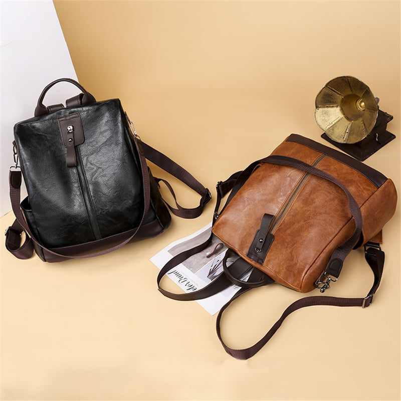 3 in 1 Retro Rucksack Frauen PU Leder Schultaschen Für Teenager Mädchen Anti-Diebstahl Damen Umhängetaschen Einfacher Reiserucksack