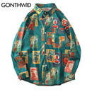 GONTHWID Hawaiian Beach Shirts Harajuku Vintage Poster Print Long Sleeve Aloha Party Holiday Shirt Mens Casual Button Down Tops