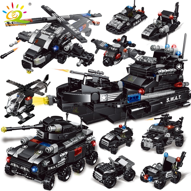 HUIQIBAO SWAT Police Ship 597pcs 8in1 Building Blocks Set City Truck Brick with Policeman Construction Toys for Children Boy