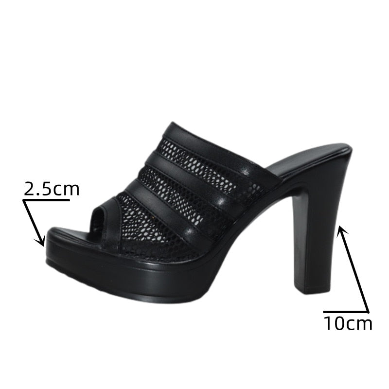 Plus Size 32-43 Block Heel Platform Shoes Women Slippers Summer 2022 Open Head High Heels Slides Ladies Cutout Slippers