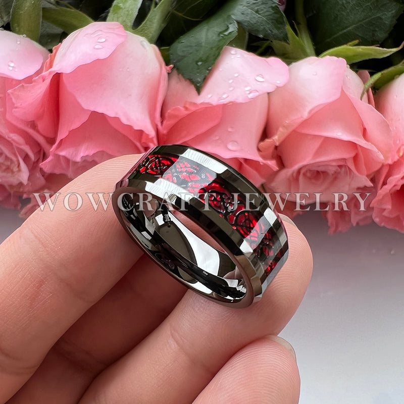 8mm Tungsten Wedding Band Rings for Men Women Gunmetal&amp;Black Plated Opal Dragon Inlay Beveled Edges Comfort Fit