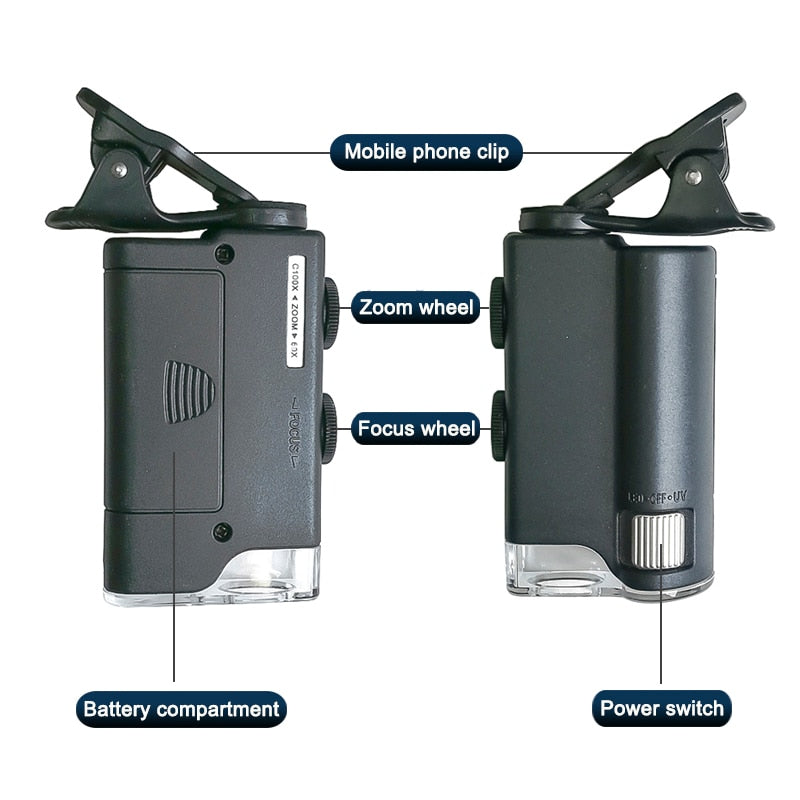 Microscopio para teléfono móvil 60X/100X con lupa de bolsillo con clip para teléfono celular, luz LED UV para identificación de jade