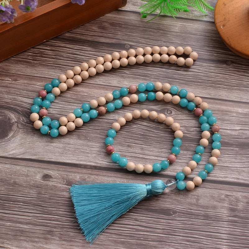 8mm White Fossil Aquamarine Beads108 Mala Necklace Bracelet Japamala Set Meditation Yoga Prayer Jewelry Tassel Rosary for Women