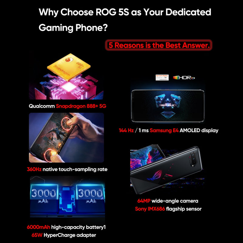 Global Rom Asus ROG Phone 5Pro ROG 5S 5G Gaming Phone 144Hz Display Snapdragon 888 Plus 6000mAh Schnellladendes 65W Smartphone