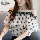 Fashion Women Tops and Blouses 2023 Short Sleeve Ladies Tops Polka Dot Chiffon White Blouse Shirt Blusas Feminine Blouses 0611
