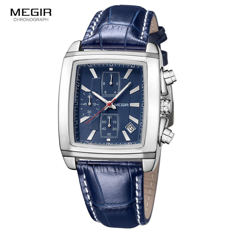 Megir Rechteck-Vorwahlknopf-Leder-Bügel-Uhr für Mann-beiläufigen blauen Chronographenquarzuhren Mann-Armbanduhr montre reloj Uhren