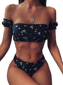2021 Floral Off Shoulder Bikini Female Swimsuit Women Swimwear Two-pieces Bikini set Mid Waist Bather Bathing Suit Swim V1671