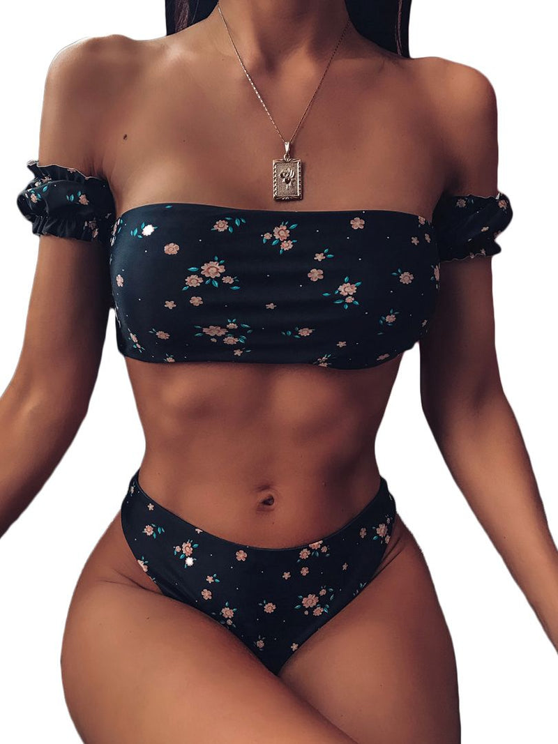 Bikini Floral con hombros descubiertos para mujer, traje de baño femenino del 2021, conjunto de Bikini de dos piezas, bañador de cintura media, traje de baño V1671