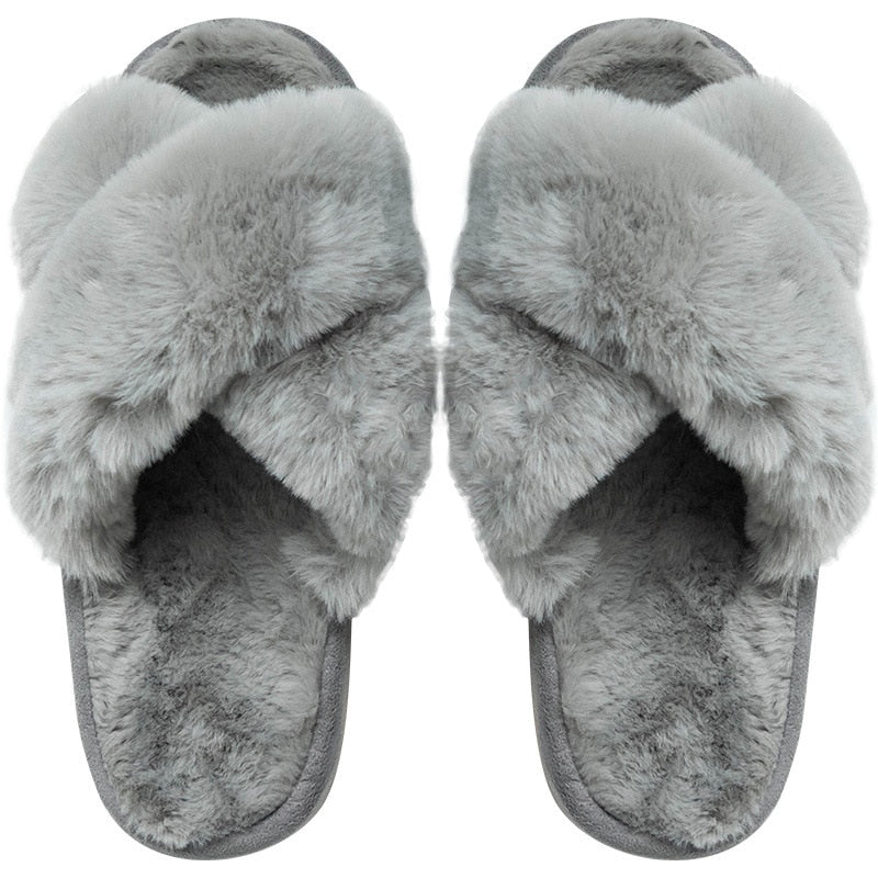 2022 Winter New Women Slipper Soft Rabbit Fur Cross Upper 3cm Heel Platform Fur Warm Indoor Ladies Open Toe Fluffy Home Slippers