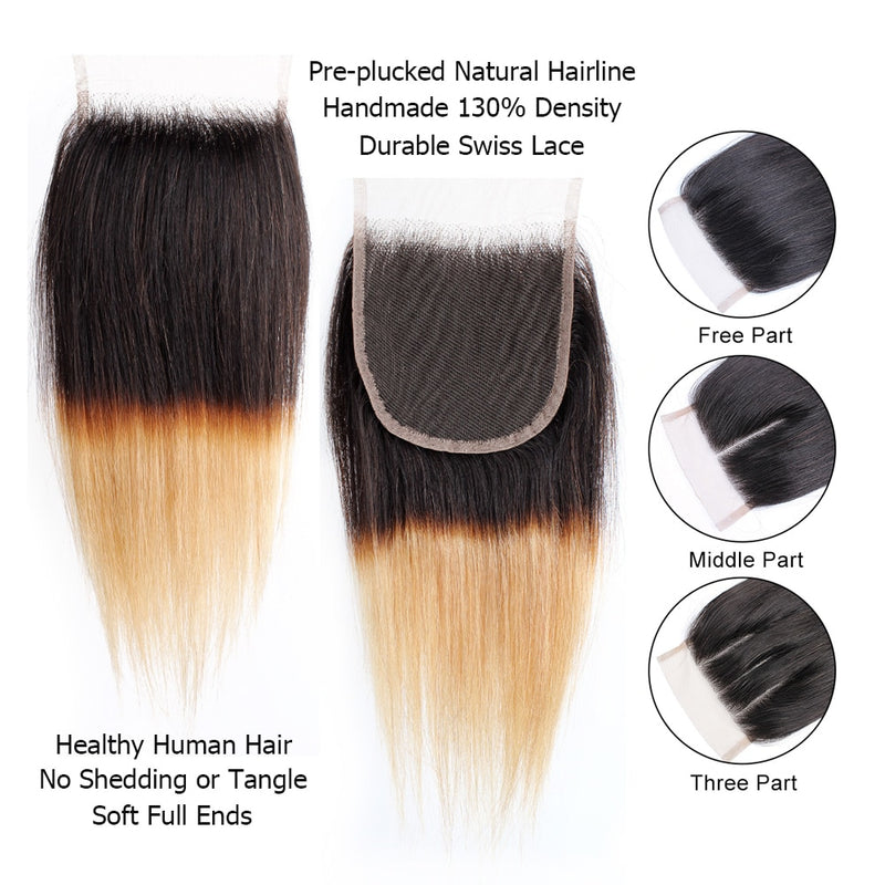 50g/pc 4 Bundles with Closure Transparent Lace Ombre Blonde Brown Free Part Straight Remy Human Hair Short Bob Style