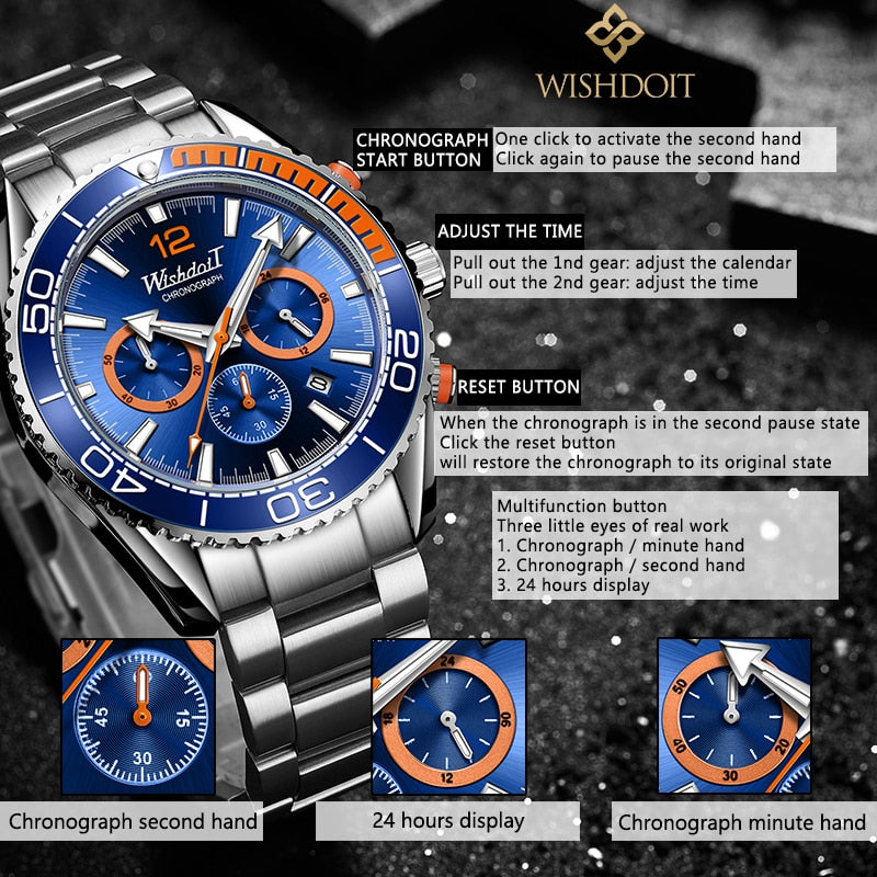 WISHDOIT 2021 New Fashion Diving Watch Men&#39;s Blue Top Brand Luxury Stainless Steel Waterproof Leisure Sports Quartz Men&#39;s Watch