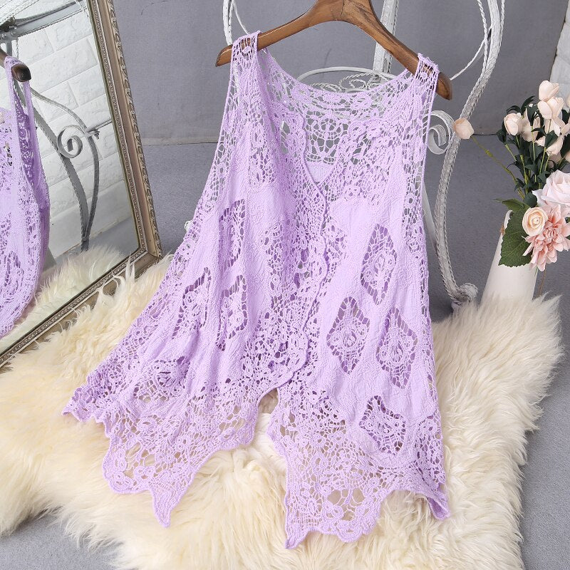 Hippie Froral Patch Design Weste Retro Vintage Häkeln Sommer Strand Cover Up Top Asymmetrische Open Stitch Kimono Cardigain 2022