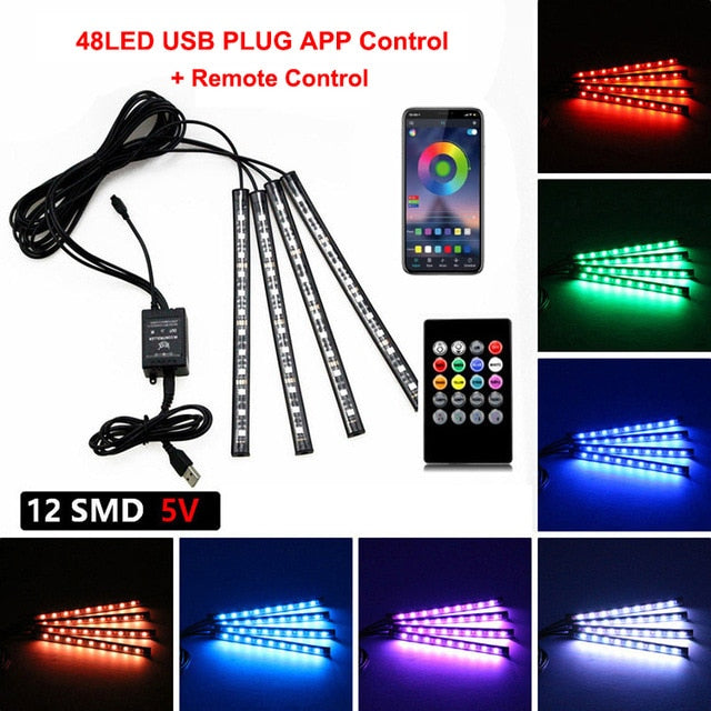 Neon 48 72 LED Car Interior Ambient Foot Light with USB Wireless Remote Music App Control Auto RGB Atmosphere Decorative Lamps