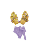 Vintage Purple with Yellow Leaves Bikini Sets Swimsuit & Skirt Hollow Out One Piece Off Shoulder Swimwear Beach Bathing Suits