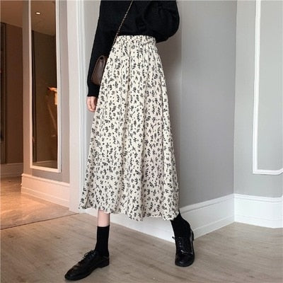 2023 Spring Vintage Floral Print Ruffle Pleated Long Skirts Women Korean Skirt Streetwear Drawstring Elastic Waist Midi Skirt