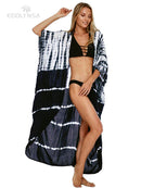 2022 Bikini Cover-ups Black Retro Striped Self Belted Women Summer Clothing Kimono Dress Beach Wear Swim Suit Cover Up Q1225
