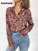 Aachoae Women Blouses Autumn Leopard Blouse Long Sleeve Turn Down Collar Lady Office Shirt Loose Tops Blusas Chemisier
